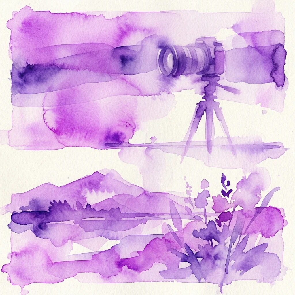 Ilustracja akwarelowa aparatu na statywie w odcieniach fioletu i lawendy, symbolizująca sztukę fotograficzną i artystyczną reprezentację.