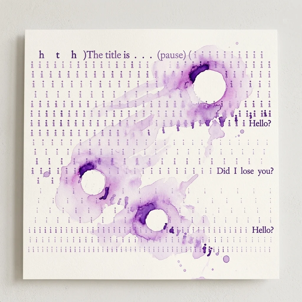 Obra de arte abstracta de JJJJJerome Ellis con texto fragmentado y manchas de acuarela púrpura sobre fondo blanco, explorando temas de lenguaje, tiempo e interrupción.