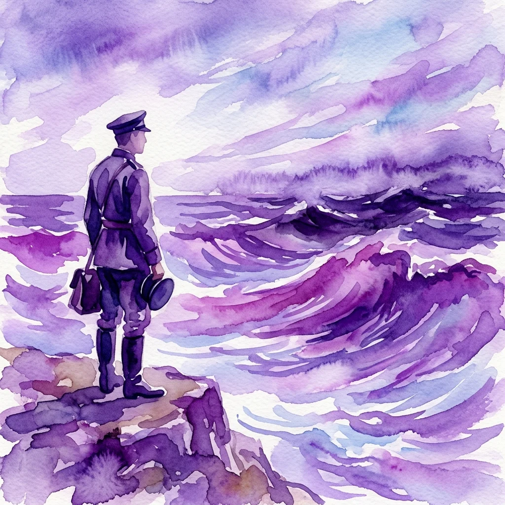 Een aquarelillustratie van een figuur in een historisch militair uniform, staande aan een rotsachtige kust en uitkijkend over een woelige oceaan onder een paarse en blauwe lucht.