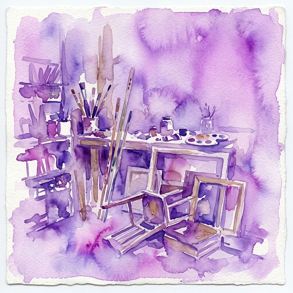Ilustración en acuarela de un estudio de artista con pinceles, paletas y muebles desmontados en tonos púrpuras y lavanda, evocando una atmósfera reflexiva y surrealista.