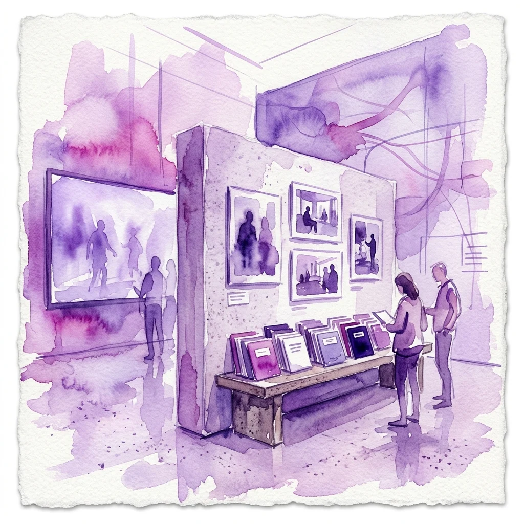 Ilustracja akwarelowa galerii sztuki z odwiedzającymi oglądającymi oprawione fotografie i instalację wideo, część wystawy Joke Robaard 'Stand-In' badającej tożsamość i role instytucjonalne.
