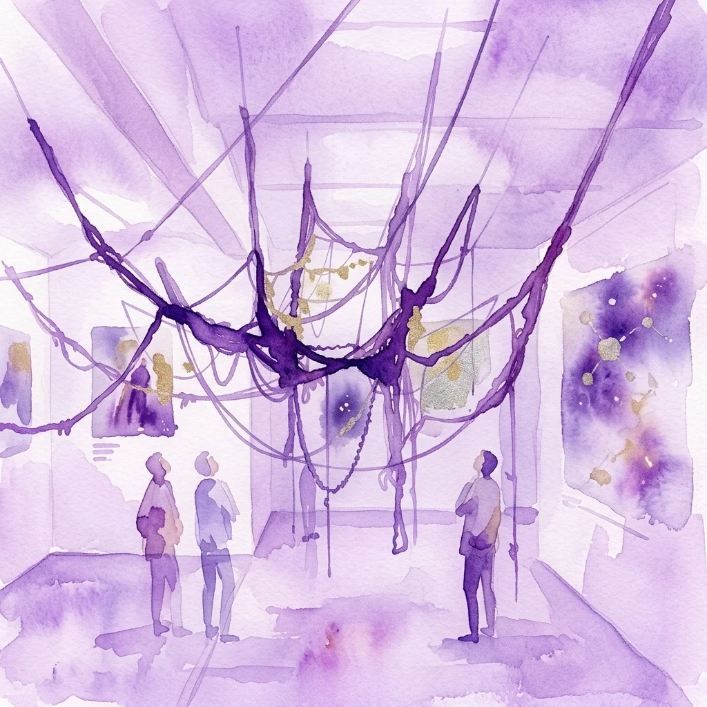 Aquarelatuurillustratie van een kunstgalerie-installatie met een grote paarse hangende sculptuur met ingewikkelde webachtige structuren, bezoekers die het kunstwerk bekijken, en abstracte schilderijen aan de muren.