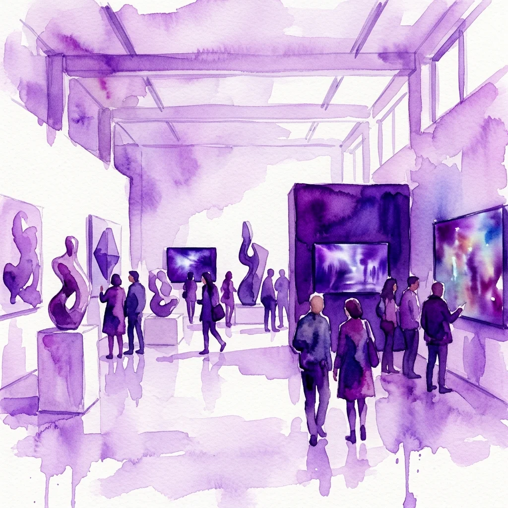 Ilustración en acuarela de una exposición de arte contemporáneo con visitantes observando esculturas e instalaciones de video en un espacio de galería minimalista, presentando la obra de Judith Hopf.