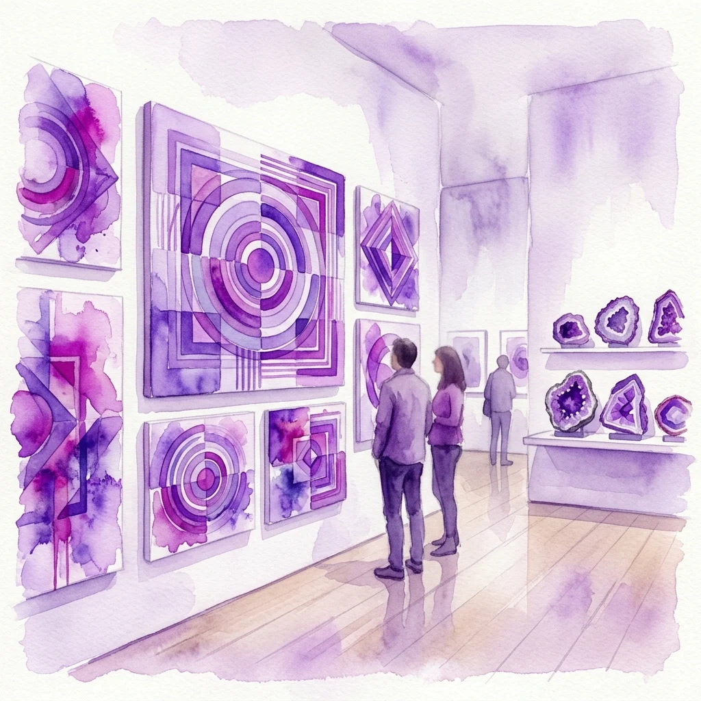 Ilustracja akwarelowa wystawy w galerii, przedstawiająca geometryczne obrazy abstrakcyjne w odcieniach fioletu i różu, obok płyt mineralnych na półkach wystawowych, z odwiedzającymi obserwującymi dzieła sztuki.