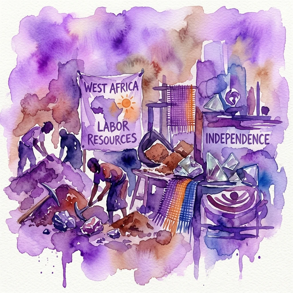 Watercolor illustration of Karimah Ashadu's 'Plateau' installation, depicting workers mining in West Africa with a banner reading 'West Africa Labor Resources' and elements symbolizing independence and earth resources.
