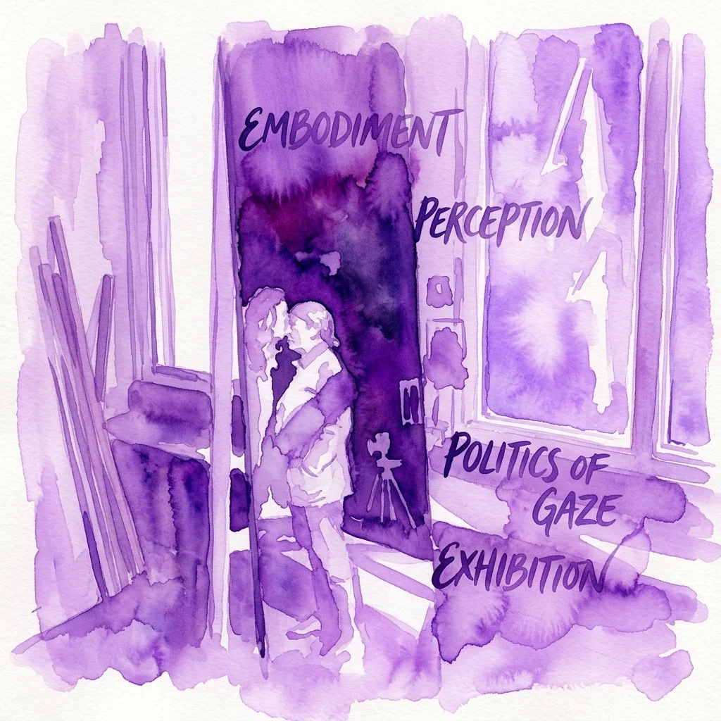 Purple watercolor illustration of an art exhibition featuring two figures in an architectural space, with text overlays reading 'EMBODIMENT', 'PERCEPTION', 'POLITICS OF GAZE', and 'EXHIBITION'.