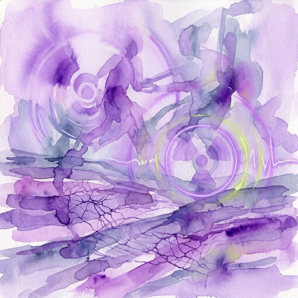 Una obra de arte abstracta en acuarela en tonos púrpuras y lavanda que representa formas arremolinadas, un símbolo radiactivo y patrones de tierra agrietada, representando la instalación inmersiva 'testing grounds' de Katrin Hornek que explora las consecuencias nucleares y el impacto ambiental.