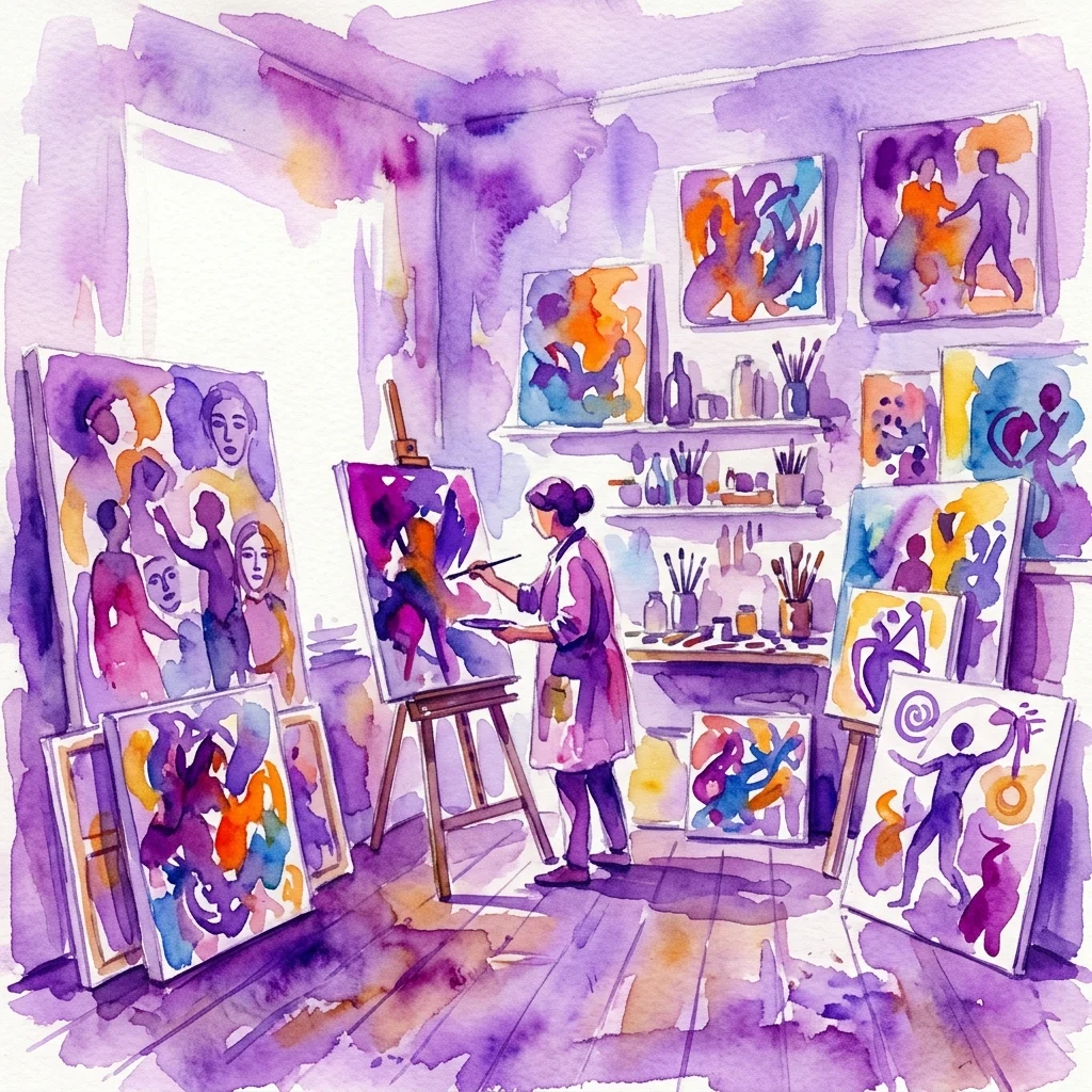 Ilustracja akwarelowa pracowni artysty z płótnami przedstawiającymi sztukę abstrakcyjną i figuratywną, charakteryzująca się odważnymi kolorami oraz motywami tożsamości i reprezentacji.