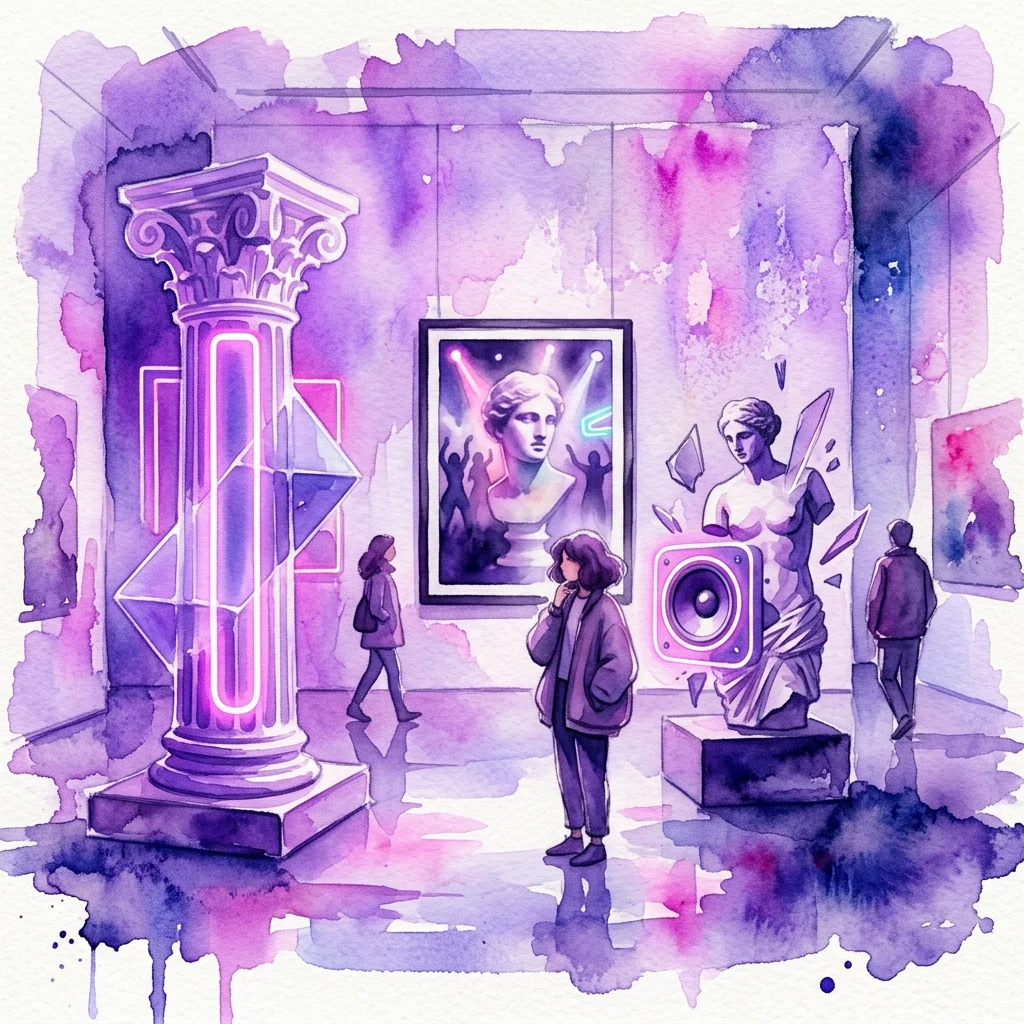 Een aquarelillustratie van een kunstexpositie met klassieke sculpturen, neonverlichting en een ingelijste foto van een rave-scène, die oudheid vermengt met hedendaagse cultuur.