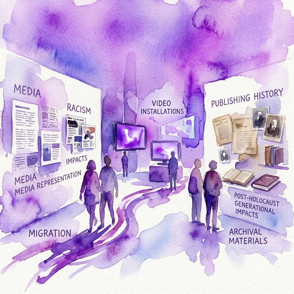 Waterverfillustratie van een kunstexpositie met videokunstinstallaties, archiefmateriaal en tekstpanelen over migratie, racisme, mediapresentatie en de intergenerationele gevolgen van de naoorlogse periode.