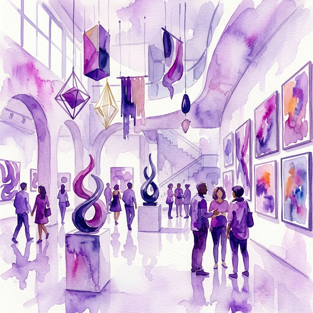Una ilustración en acuarela de una exposición en una galería de arte con visitantes admirando diversas obras de arte, que incluyen esculturas colgantes y pinturas enmarcadas, bajo una combinación de colores púrpura y blanco.