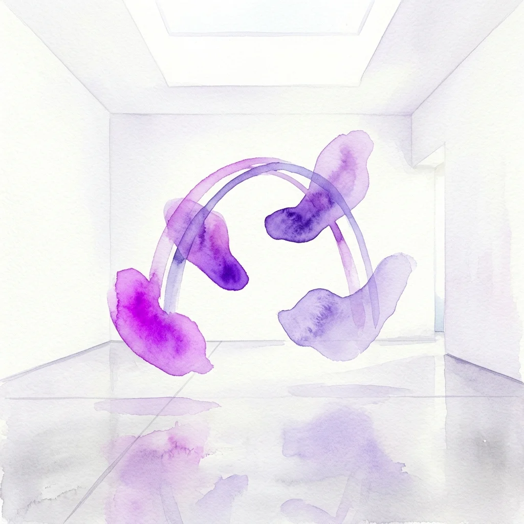 Una instalación abstracta de acuarela púrpura de Koo Jeong A en un espacio de galería blanco minimalista, con formas flotantes e iluminación sutil que evocan una contemplación onírica.