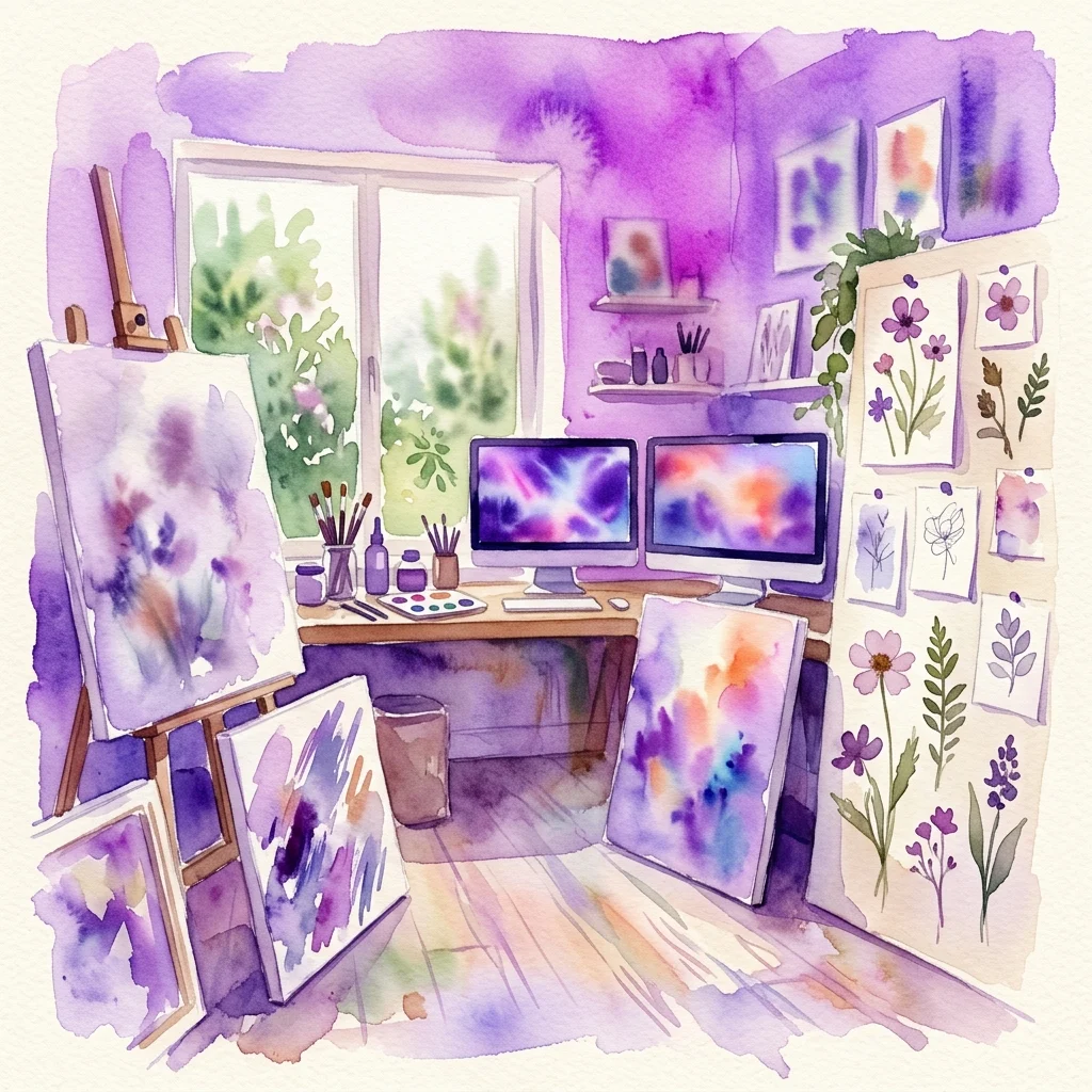 Ilustracja akwarelowa pracowni artysty z fioletowymi i niebieskimi abstrakcyjnymi obrazami, dwoma monitorami komputerowymi wyświetlającymi żywe cyfrowe dzieła sztuki oraz suszonymi kwiatami zamontowanymi na ścianie, odzwierciedlająca połączenie tradycyjnych i cyfrowych praktyk artystycznych.