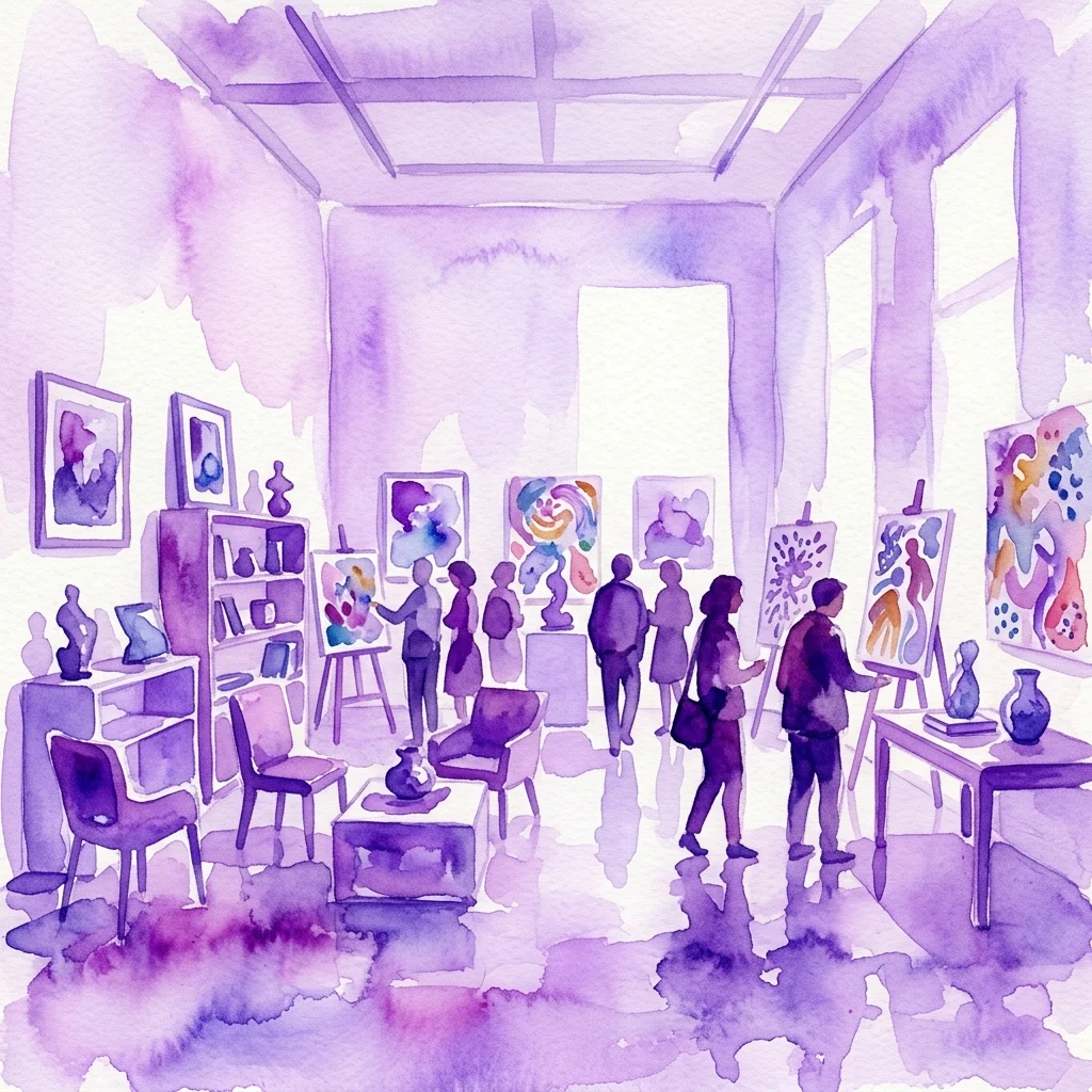 Una ilustración en acuarela de una exposición de arte con visitantes contemplando pinturas y esculturas en un espacio de galería, con tonos púrpuras y una mezcla de obras de arte en paredes y mesas.