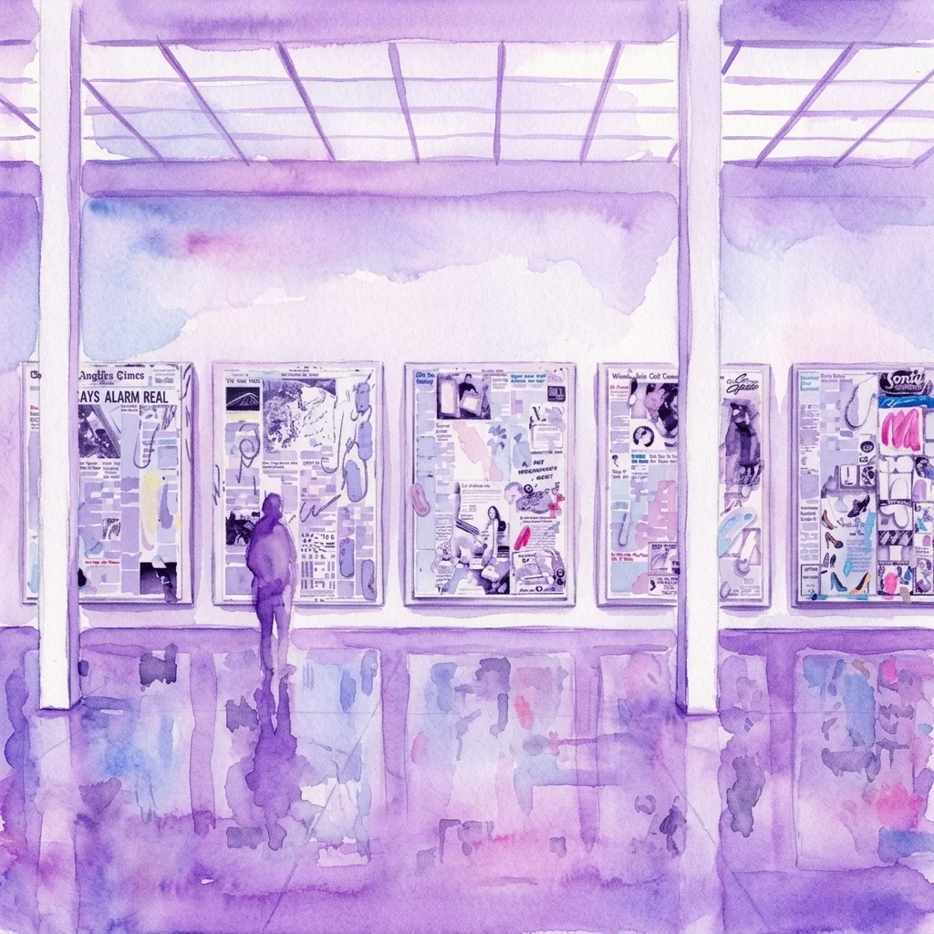 Een aquarelillustratie van een kunstgalerie-interieur met een persoon die grootschalige schilderijen bekijkt met gelaagde beelden, digitale manipulatie en krantenknipsels, wat een hedendaagse kunstexpositie van Laura Owens oproept.
