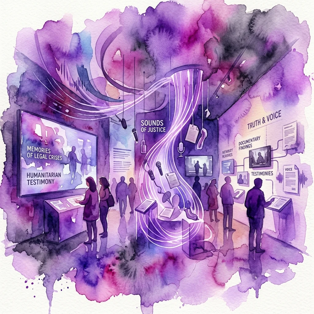Ilustración en acuarela de una exposición de arte de Lawrence Abu Hamdan, con instalaciones sobre sonido, memoria y justicia. Los visitantes exploran exhibiciones tituladas 'Memories of Legal Crises', 'Sounds of Justice' y 'Truth & Voice', destacando testimonios humanitarios y hallazgos documentales.