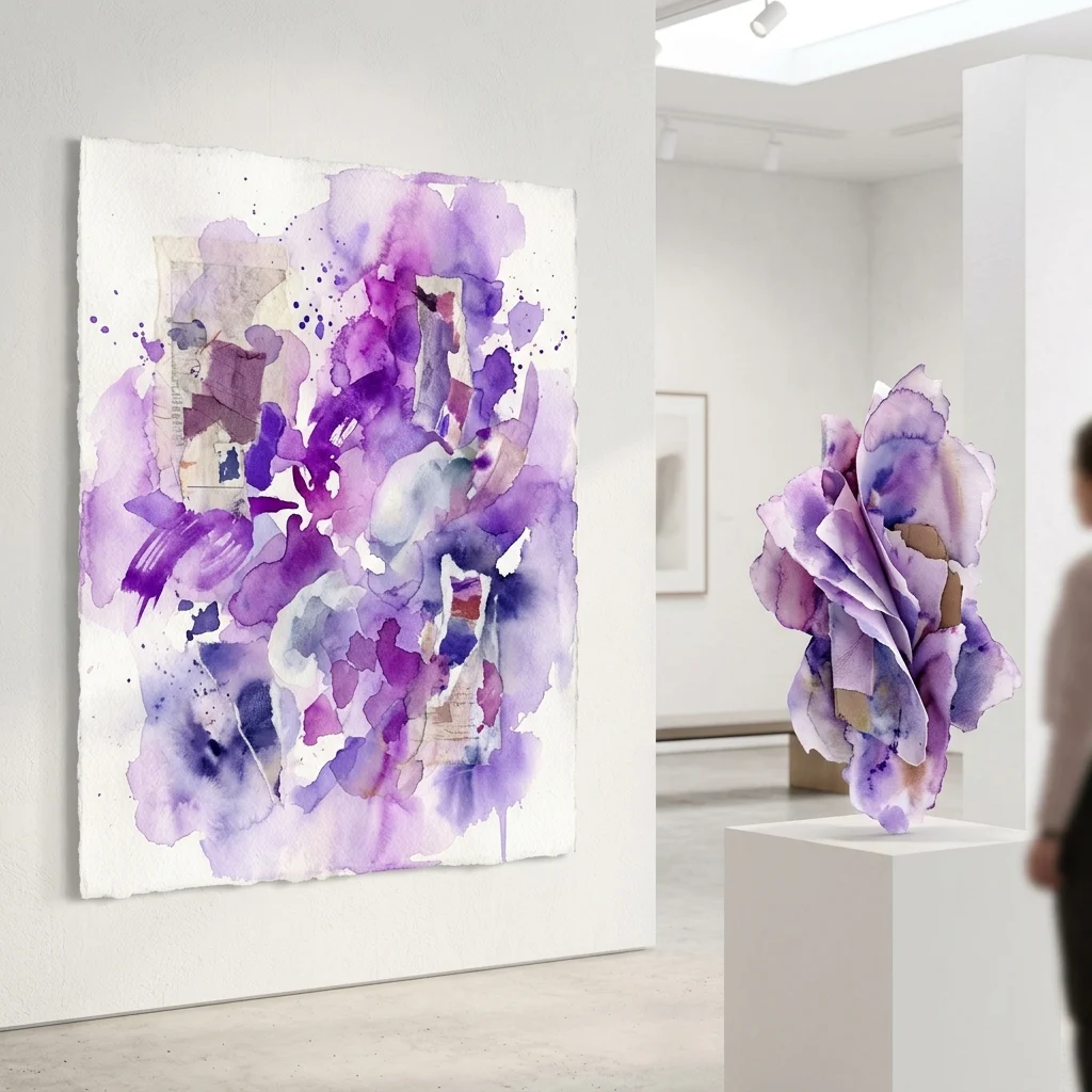 Abstract paars en wit kunstwerk op papier met collage-elementen, tentoongesteld in een minimalistische galerie met een sculpturaal stuk in de buurt.