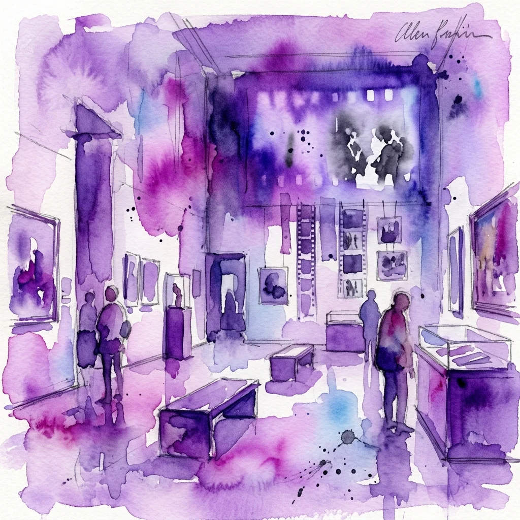 Ilustracja akwarelowa przestrzeni wystawy sztuki w odcieniach fioletu i błękitu, przedstawiająca zwiedzających galerię, oprawione dzieła sztuki, taśmy filmowe i projekcje ścienne, podpisana przez Allen Frith.