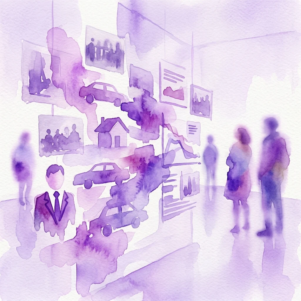 Waterverftekening van een kunstinstallatie met silhouetten van figuren die een museumtentoonstelling bekijken met symbolische beelden zoals auto's, huizen en grafieken, die de verdwijnende middenklasse vertegenwoordigen.
