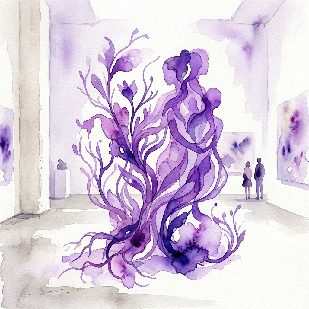 Una instalación estilo acuarela de Mai Ling que presenta formas entrelazadas de plantas moradas y figuras humanas abstractas, expuesta en una galería minimalista con visitantes observando.