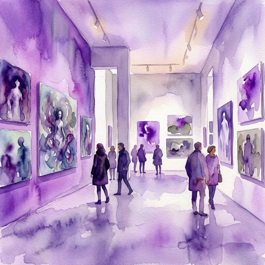 Watercolor illustration of a contemporary art gallery exhibition featuring abstract and figurative paintings with surreal, uncanny figures in purple and muted tones, showcasing Maja Vukoje's work.