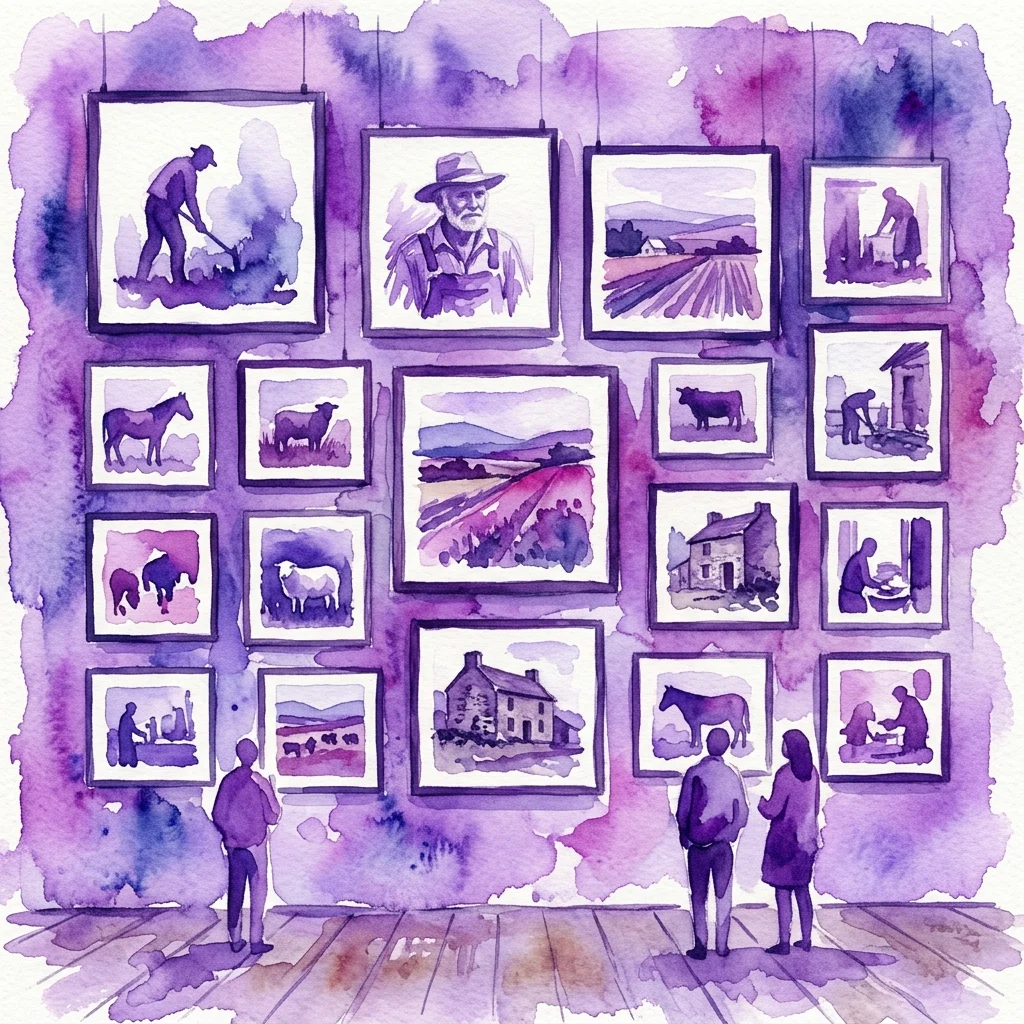 Una ilustración en acuarela de una exposición en una galería de arte que presenta fotografías enmarcadas de la vida rural, incluidos agricultores, animales y paisajes, con visitantes observando las obras de arte bajo una iluminación púrpura.