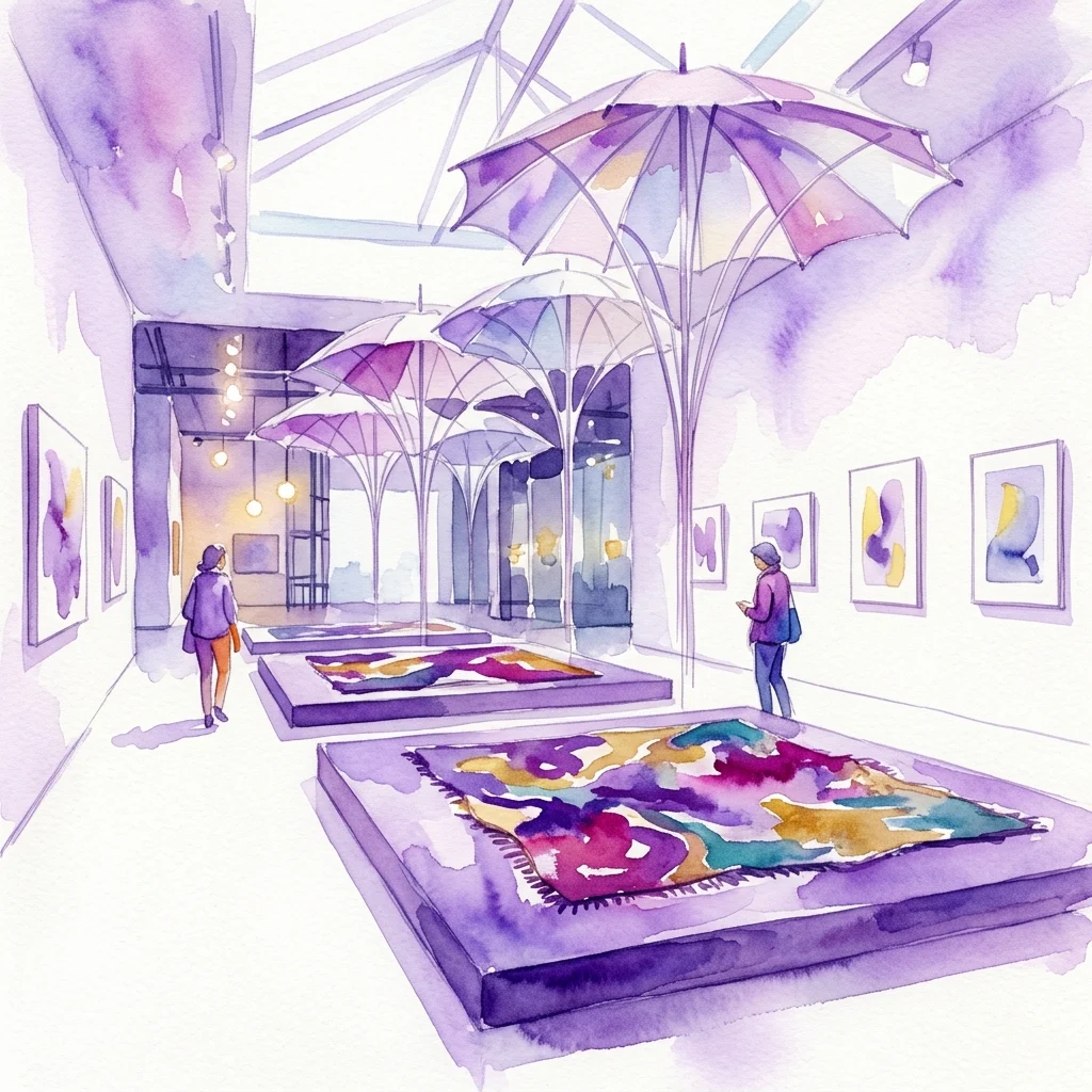 Waterverfillustratie van een kunsttentoonstelling interieur met kleurrijke abstracte tapijten op verhoogde platforms, grote paraplu-achtige structuren en minimalistische wandkunst in een witte galerie ruimte.