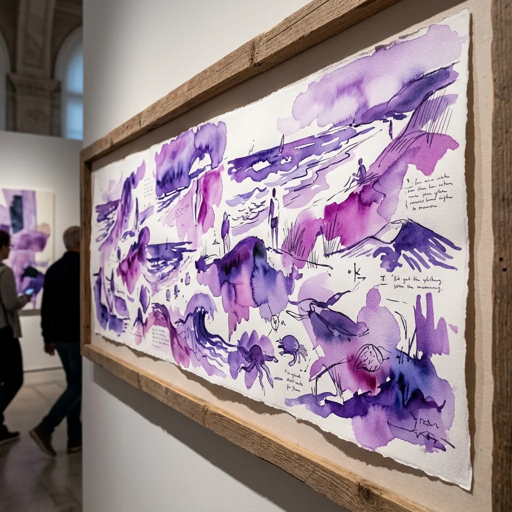 Un largo y continuo dibujo en acuarela púrpura de Maria Bussmann sobre papel de télex, expuesto en un marco de madera en una galería. La obra de arte representa una escena de playa conceptual con figuras, olas y notas manuscritas, evocando temas de memoria e imaginación.