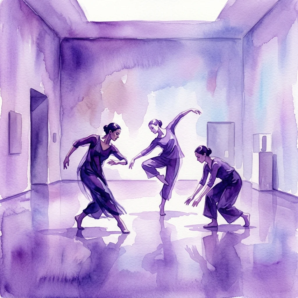 Waterverfillustratie van drie dansers in een minimalistische galerieruimte, die langzame, weloverwogen bewegingen uitvoeren in paarse kleding onder zacht licht, wat een contemplatieve sfeer oproept.