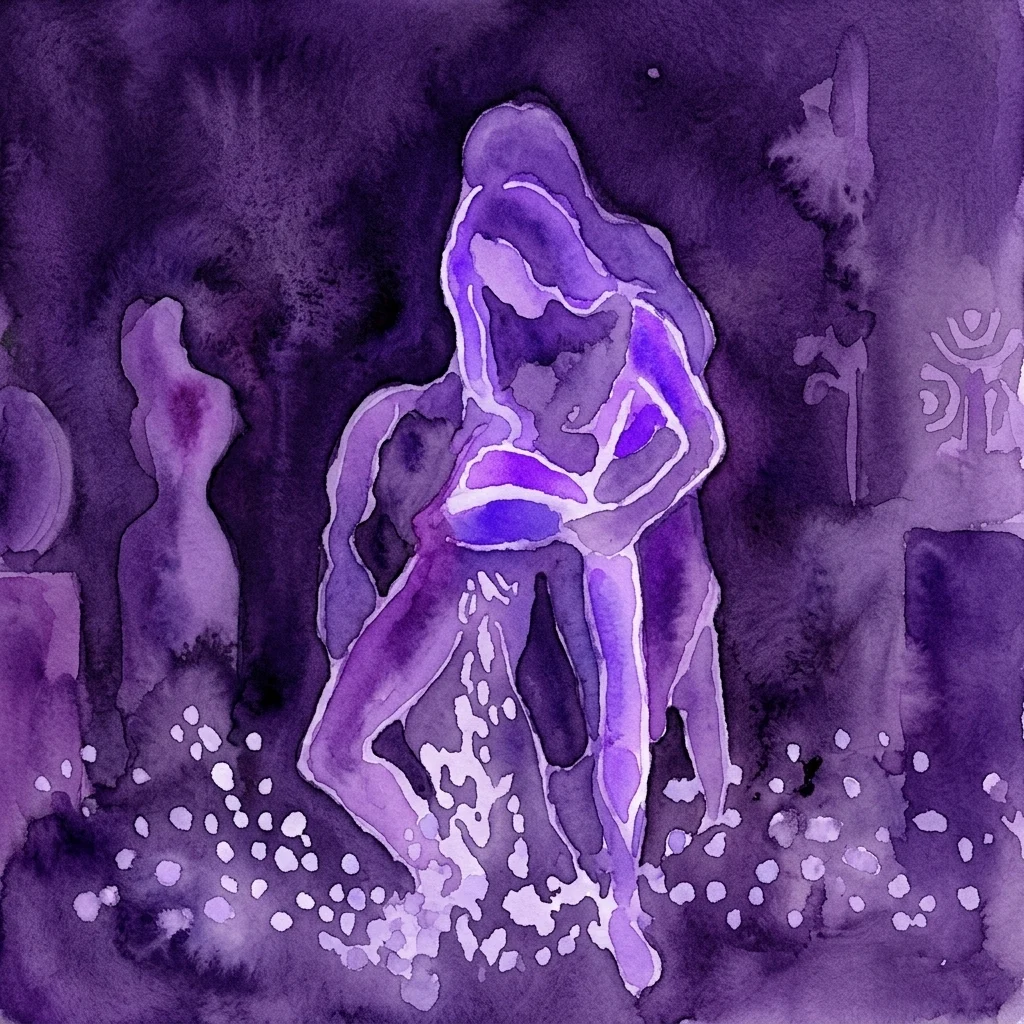 A surreal purple watercolor artwork depicting a figure in motion, part of Marianna Simnett's 'Circus' exhibition at the Secession, exploring themes of folklore and physical states.