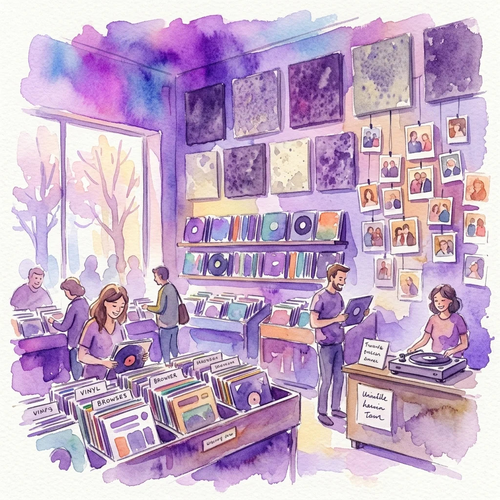 Watercolor illustration of a vibrant record store interior with people browsing vinyl records, a DJ playing music, and walls adorned with photographs and artwork, evoking a community-centered cultural space.