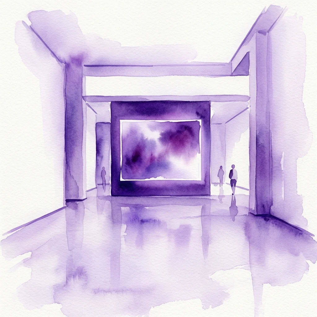 Una ilustración en acuarela de un interior de galería de arte minimalista con tonos púrpuras, que presenta una gran instalación cinematográfica en una pared central y siluetas de visitantes observando la obra de arte.