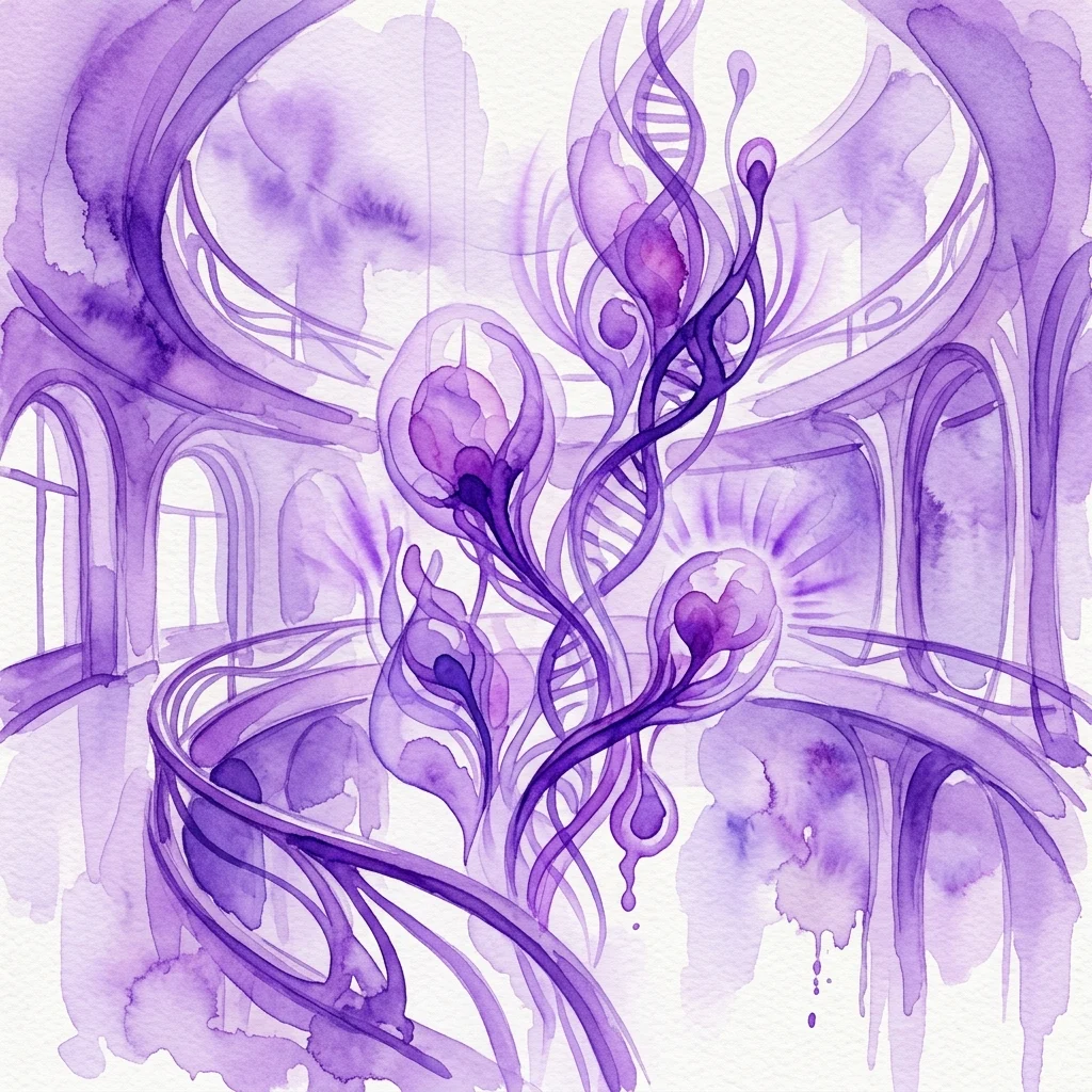 Fioletowa akwarela przedstawiająca helisy DNA splecione z organicznymi formami inspirowanymi Art Nouveau, umieszczona w przestrzeni galerii z łukowymi oknami.