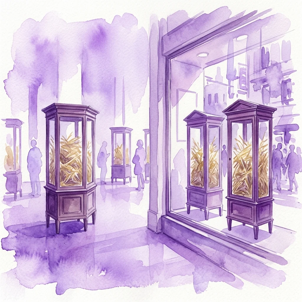 Waterverfillustratie van Mel Ziegler's 'stuffed' tentoonstelling, met Biedermeier vitrines gevuld met stro in een galerie- en etalageopstelling, die vragen oproept over waarde en presentatie.