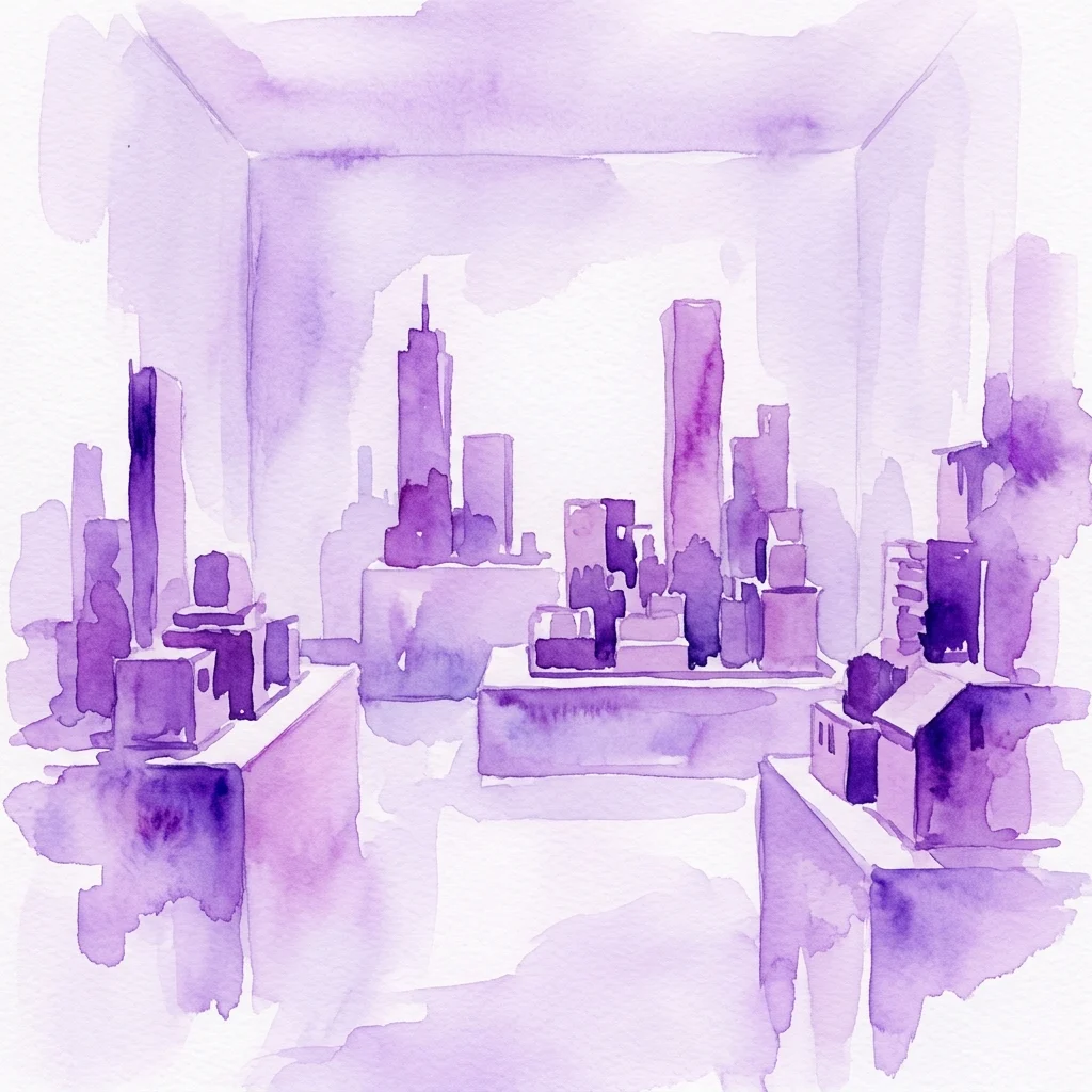 A purple watercolor depiction of sculptural models of urban settlements and architectural forms, part of an exhibition by American artist Michael Ashkin, displayed in a minimalist gallery space.