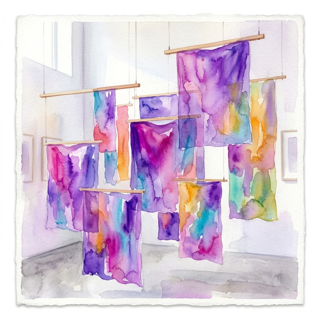 Abstracte kleurrijke stoffen panelen opgehangen aan houten frames in een galerie, onderdeel van de tentoonstelling van Michael Krebber in de Secession.