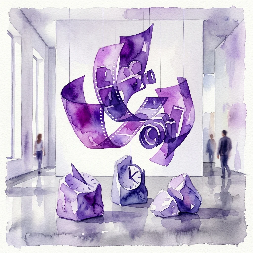 A watercolor illustration of Michael Snow's exhibition at the Secession, featuring a large purple film strip and camera sculpture hanging above clocks and abstract forms, depicting themes of time and perception.