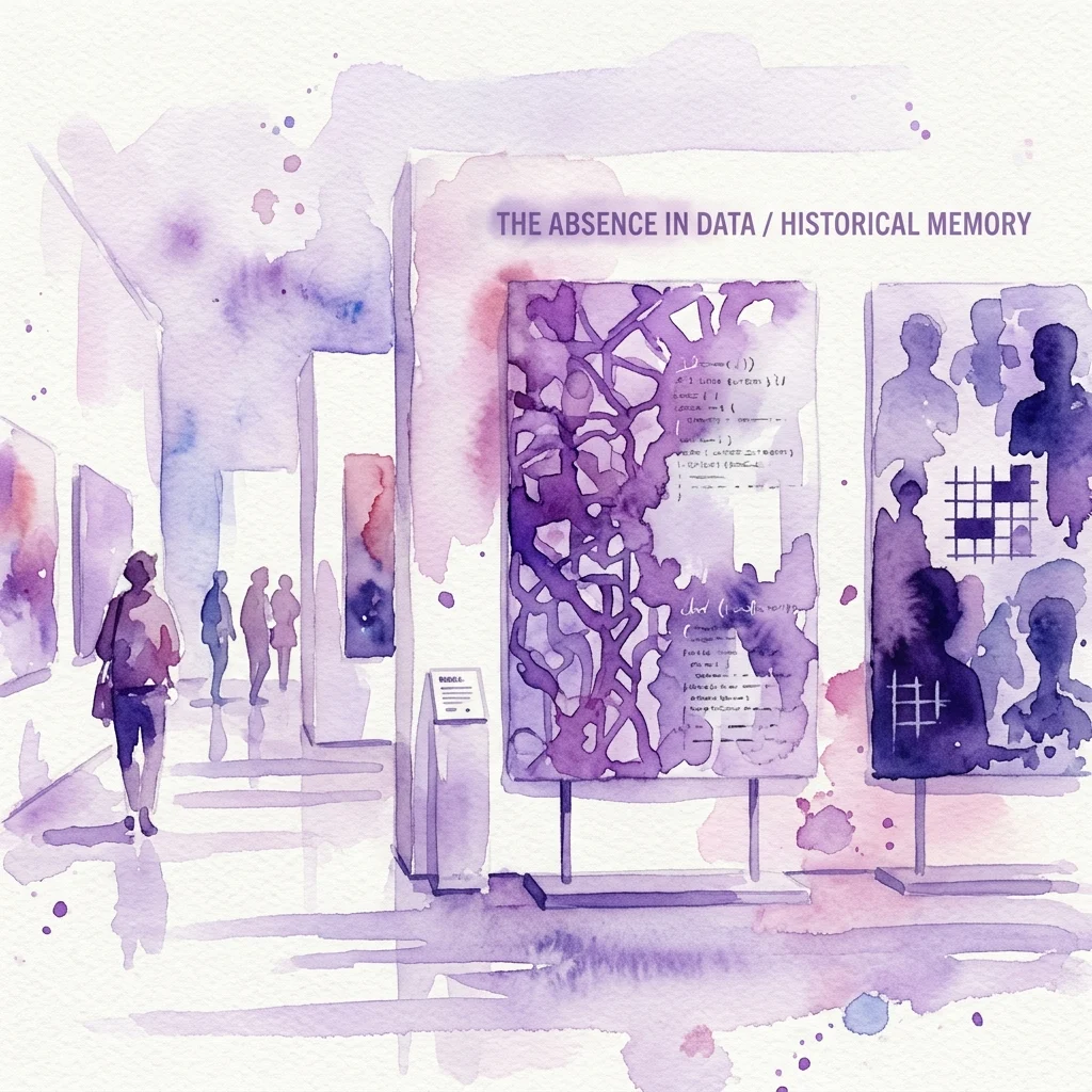 Ilustración en acuarela de una galería de arte con visitantes observando exposiciones tituladas 'LA AUSENCIA EN LOS DATOS / MEMORIA HISTÓRICA', con obras de arte abstractas púrpuras y siluetas.