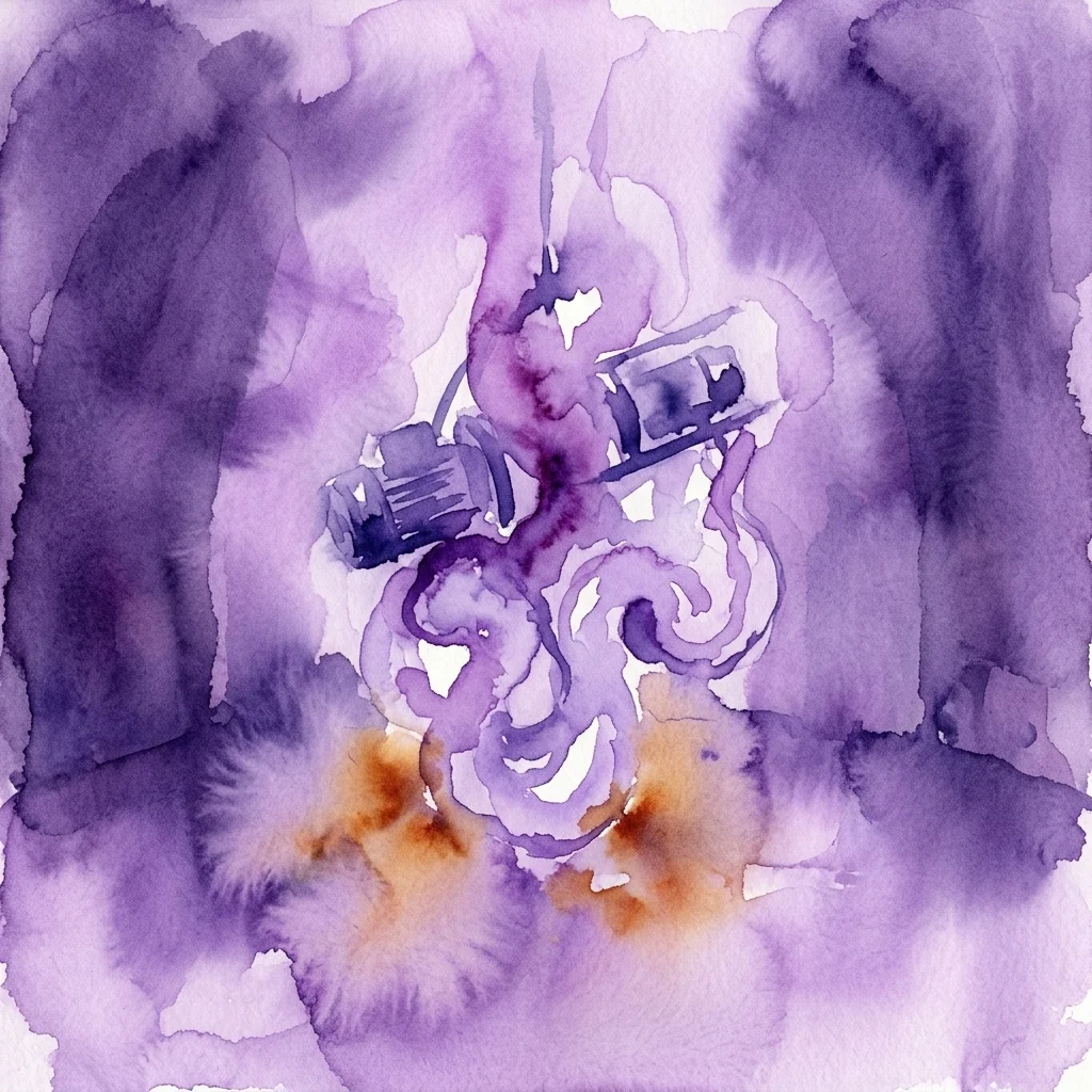 A watercolor artwork by Mire Lee featuring abstract purple and orange forms with a mechanical element, evoking themes of machine and body.