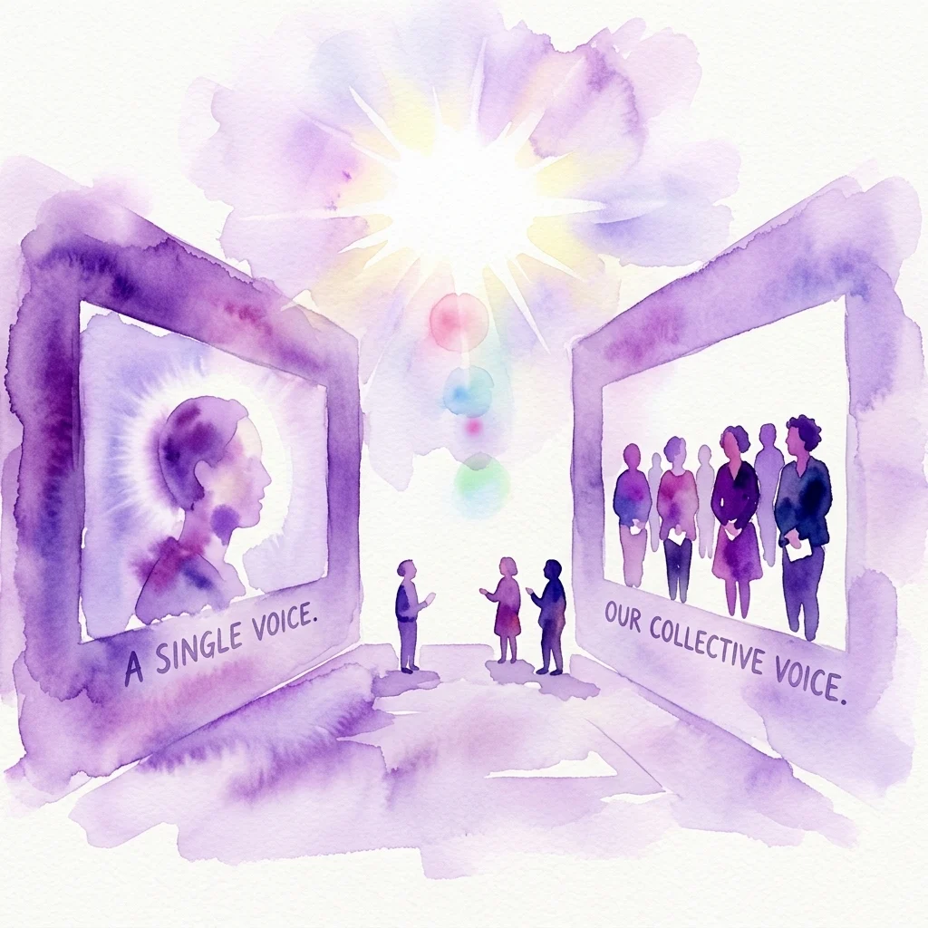 Watercolor illustration of Miriam Bajtala's art installation 'in meinem Namen,' featuring two projected videos on opposing walls: one showing a close-up of a person speaking with the text 'A SINGLE VOICE,' the other a group in a gallery with 'OUR COLLECTIVE VOICE,' symbolizing dialogue and representation.