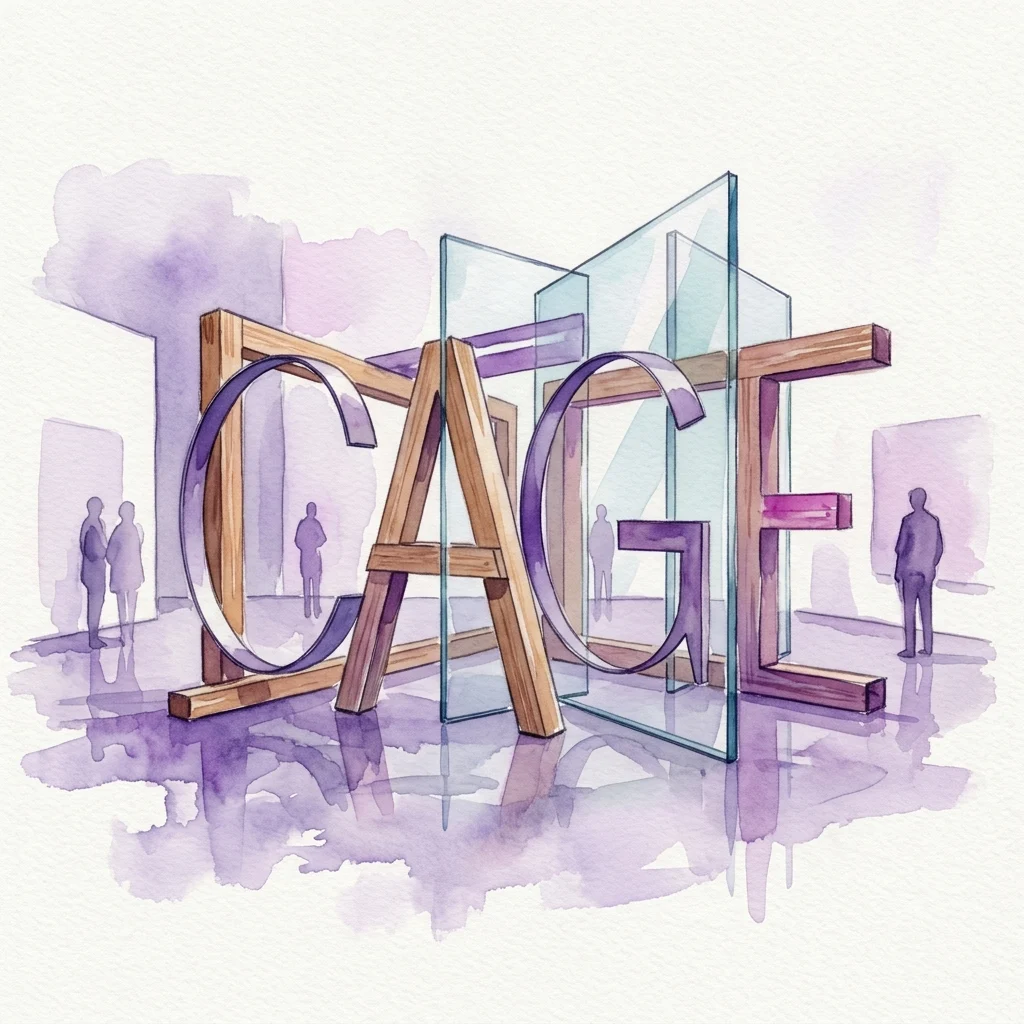 Watercolor illustration of a conceptual art installation spelling 'CAGE' in large letters using wood, glass, and metal, with silhouettes of people observing in a gallery space.
