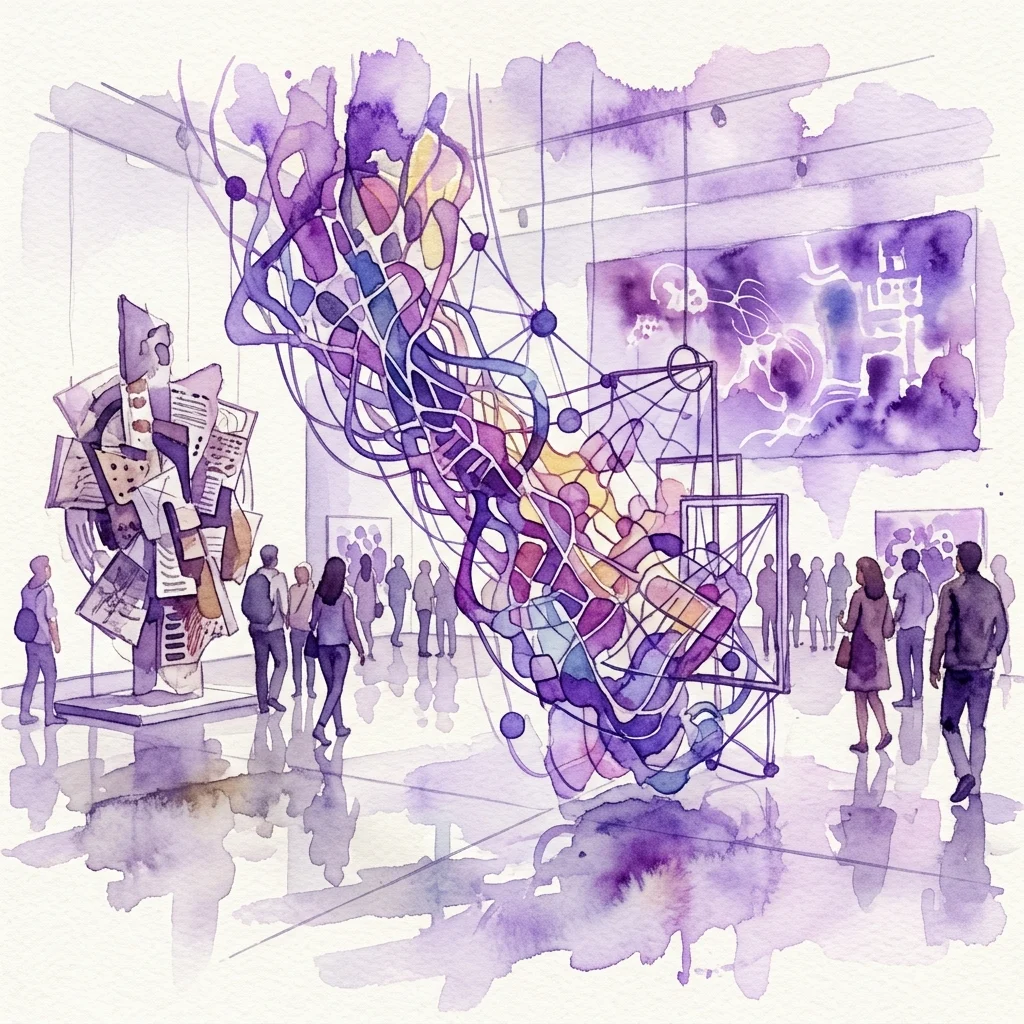 Een aquarelillustratie van de hedendaagse kunsttentoonstelling 'Mutatis Mutandis', met abstracte sculpturen en multimediale installaties met complexe netwerken en structuren in een moderne galerie.