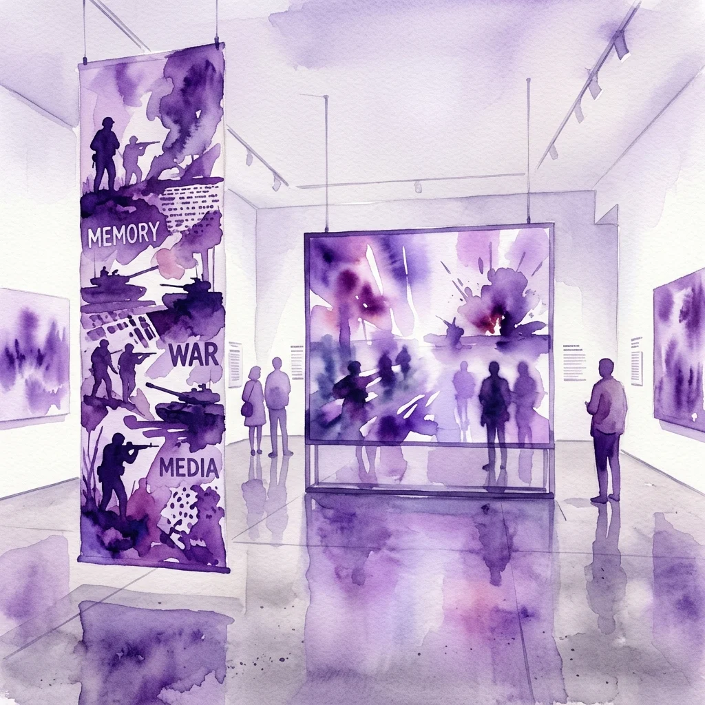Exposición de arte contemporáneo de Mykola Ridnyi con grandes pancartas púrpuras con el texto 'MEMORIA', 'GUERRA' y 'MEDIOS', y una instalación de video en un espacio de galería moderno con visitantes observando.