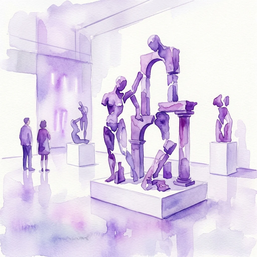 Ilustracja akwarelowa wystawy Nairy Baghramian przedstawiająca fragmentaryczne formy rzeźbiarskie i wsporniki architektoniczne w przestrzeni galerii, budząca poczucie wrażliwości i dociekań koncepcyjnych.