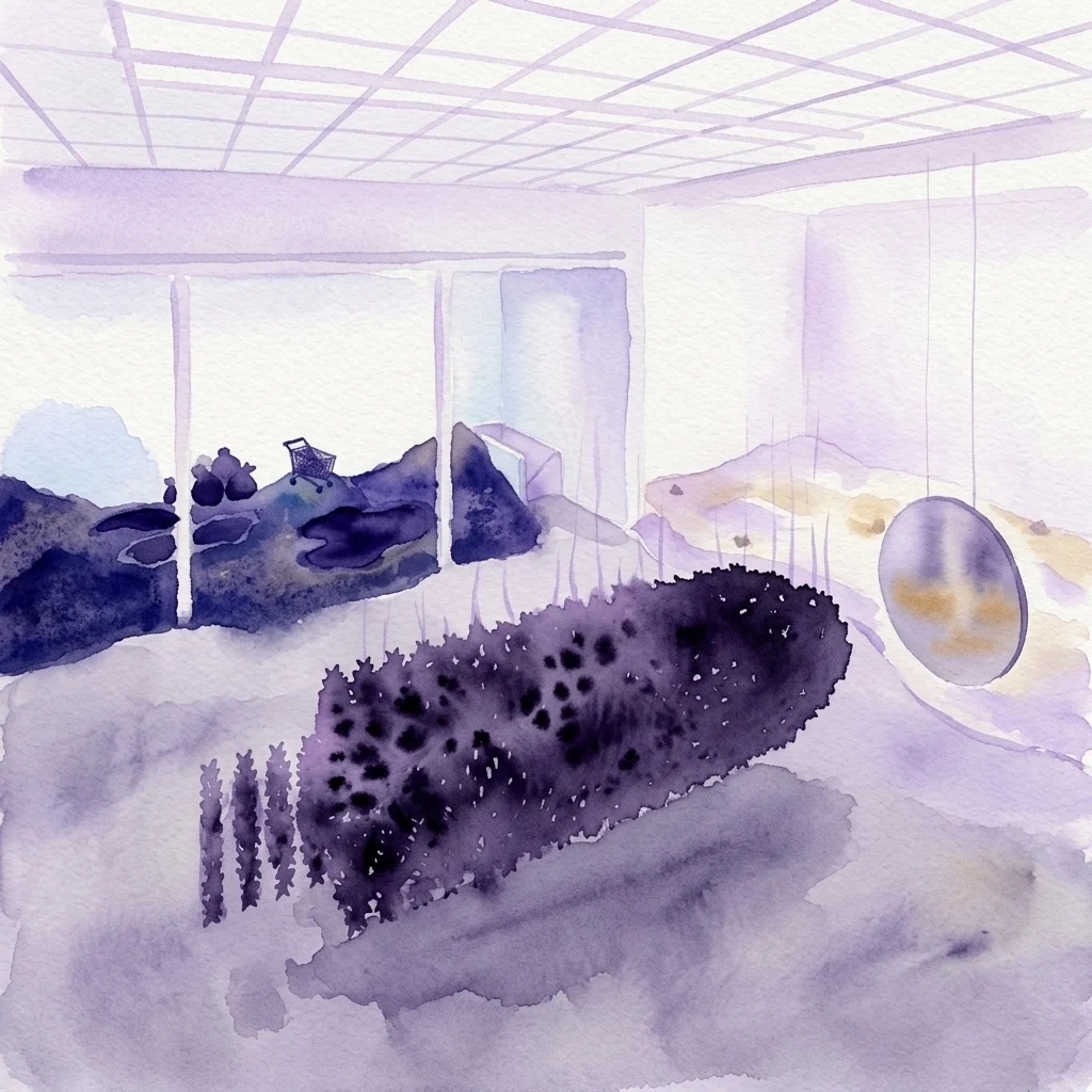 Watercolor illustration of a mixed-media art installation featuring abstract landforms, a shopping cart, and a hanging mirror, evoking themes of colonialism and resource exploitation.