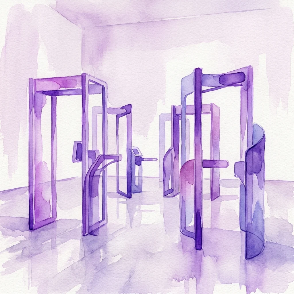 Ilustracja akwarelowa abstrakcyjnych rzeźb przypominających bramy ochronne w minimalistycznej przestrzeni galerii, będąca częścią wystawy Nicole Wermers w Secession.