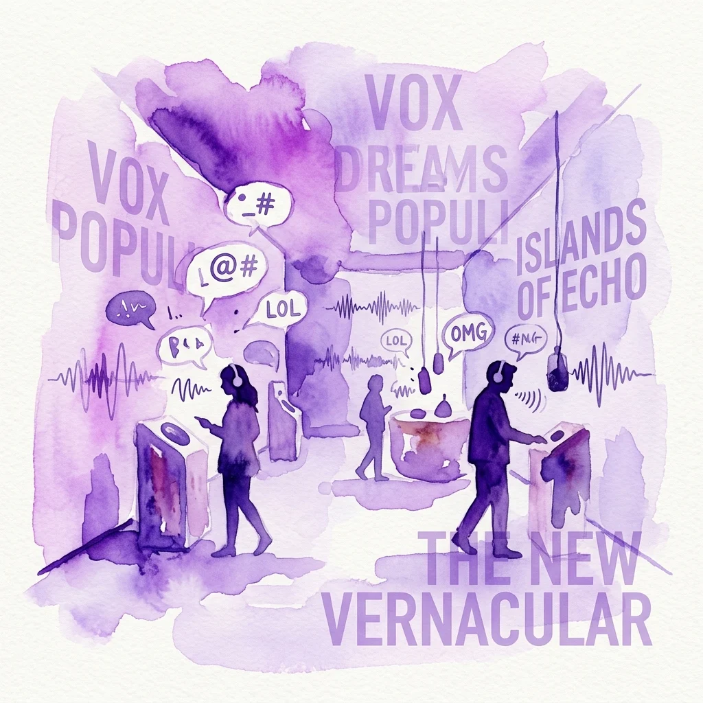 Una ilustración de un espacio de exposición de arte con personas interactuando con instalaciones sonoras, que presenta elementos de texto como 'VOX DREAMS', 'ISLANDS OF ECHO' y 'THE NEW VERNACULAR' en un estilo de acuarela morada.