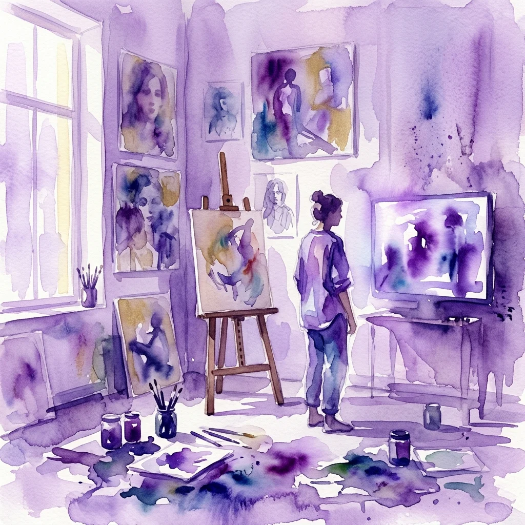 Una ilustración en acuarela de un estudio de artista con tonos púrpuras, que presenta pinturas en caballetes, obras de arte enmarcadas en la pared y una persona observando una instalación de video, reflejando temas de creatividad e introspección.