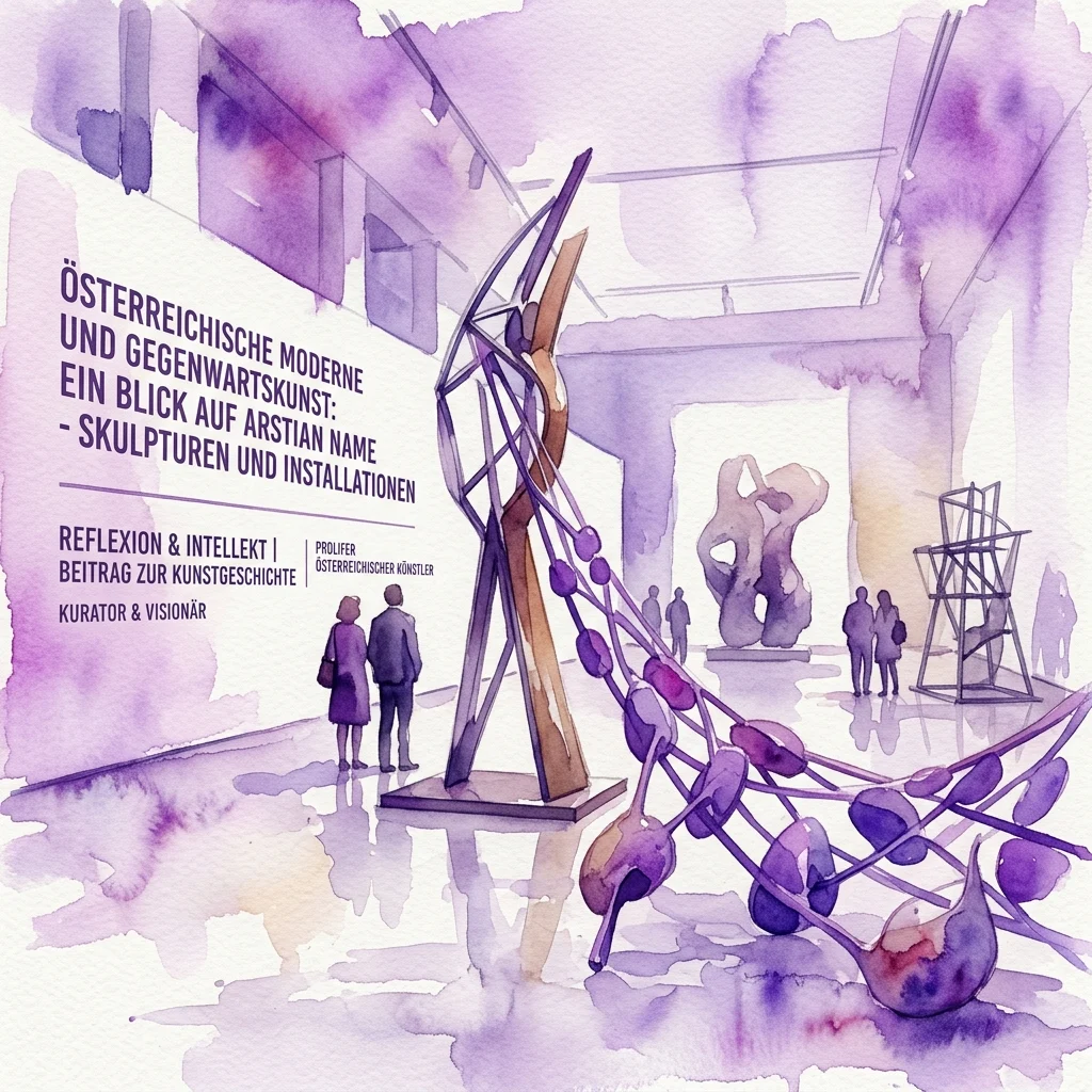 Ilustracja akwarelowa wystawy sztuki prezentującej duże abstrakcyjne rzeźby i instalacje w przestrzeni galerii z odwiedzającymi oglądającymi dzieła sztuki.
