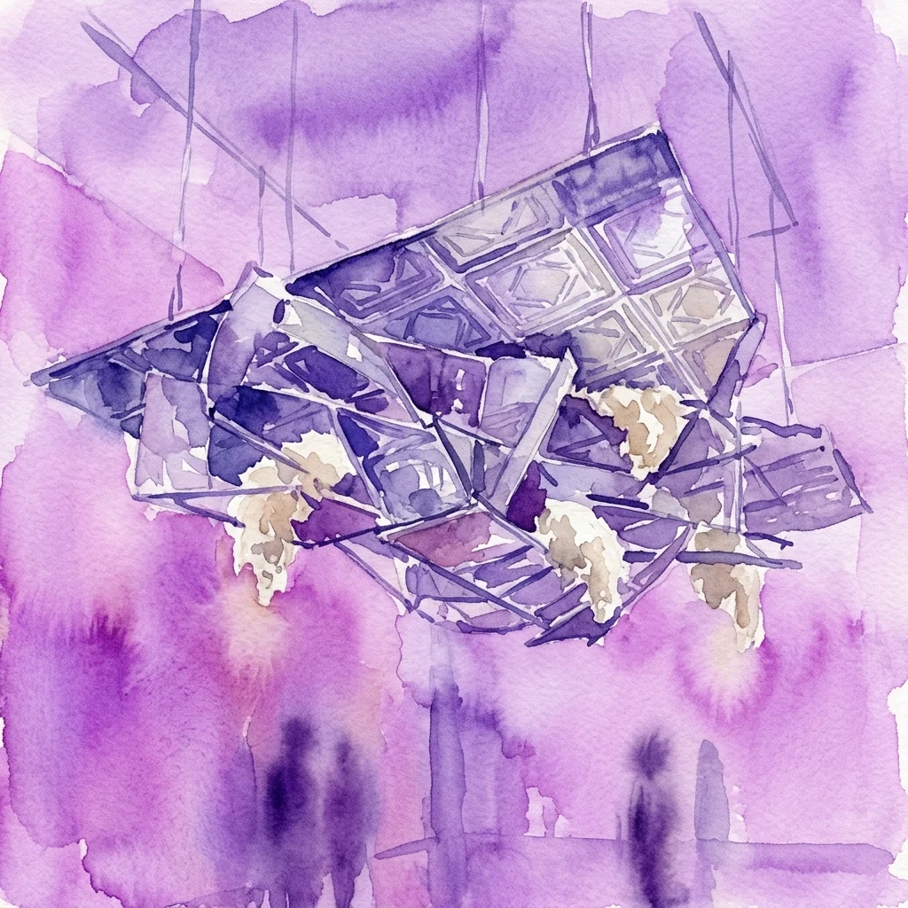 Een aquarelweergave van Patricia L. Boyd's hangende sculptuur, met handgeëtste aluminiumplaten en staal met schapenwollen accenten, die een industrieel plafond in een galerie imiteren.